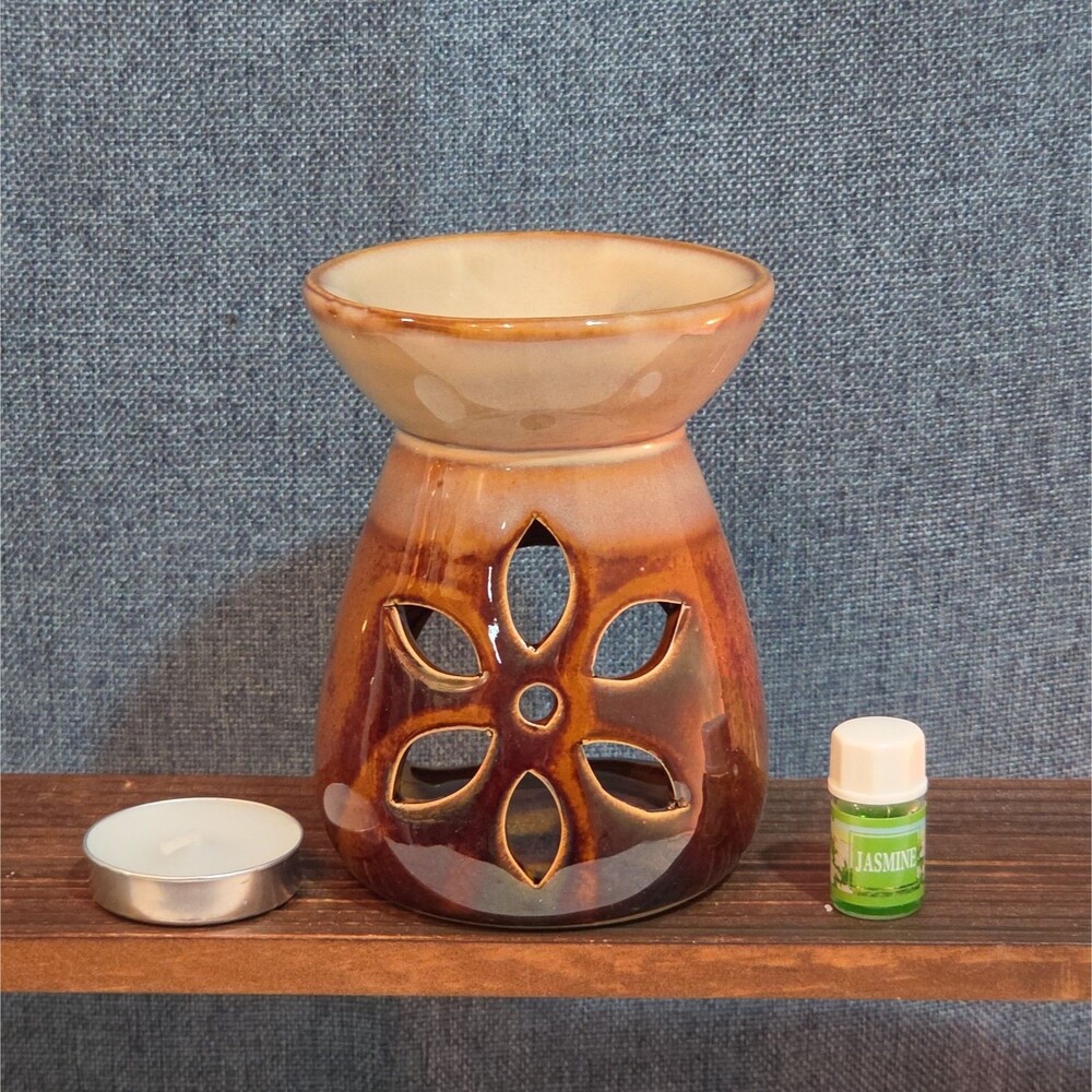 Floral Brown Porcelain Tea Light Oil Diffuser & Wax Warmer W/ Candle & Jasmine